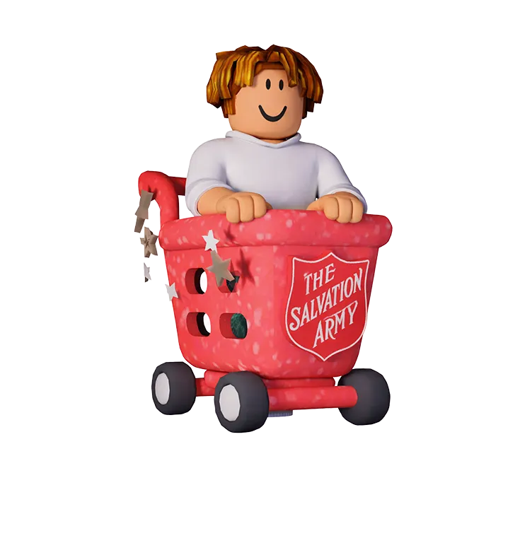a small child riding in a Salvation Army shopping cart