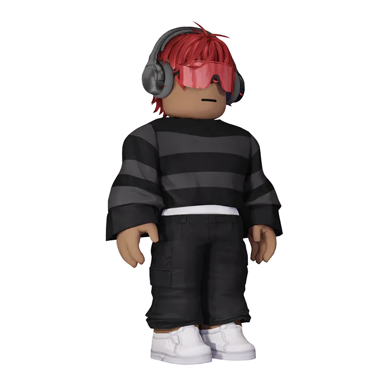 a man wearing a black-and-gray striped sweater, headphones, and red wraparound shades