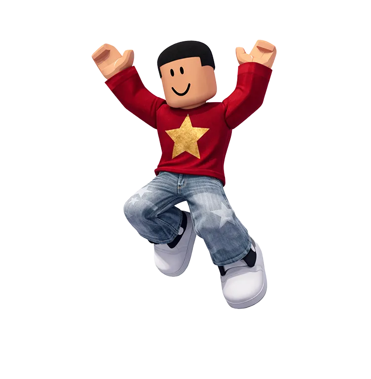 a man wearing faded jeans with white star patches on the knees and a red long-sleeved shirt with a gold star patch