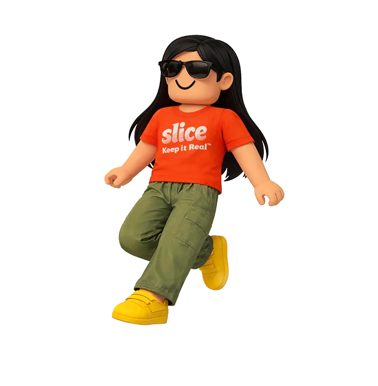  a woman wearing sunglasses and an orange t-shirt with Slice branding