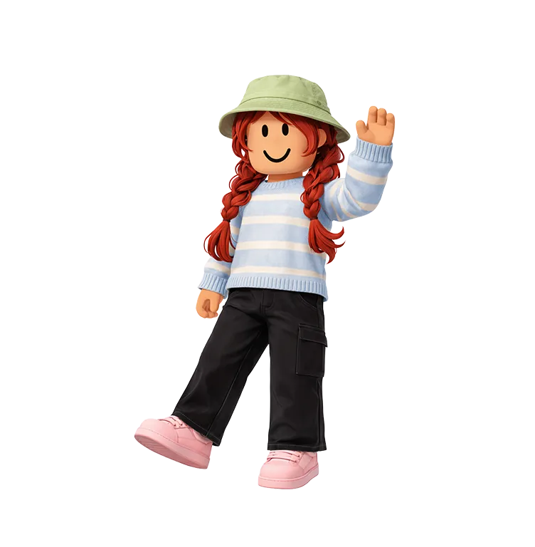 a woman wearing a green bucket hat and a blue-and-white striped shirt