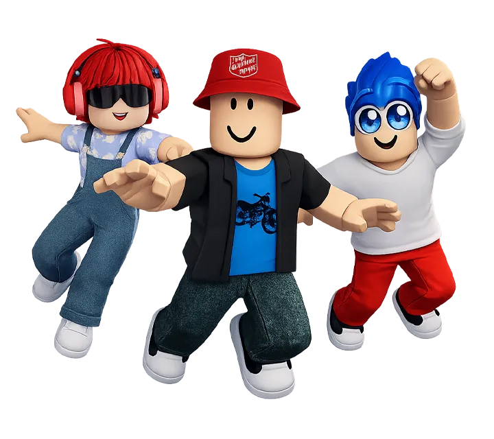 a collection of Roblox skins including a man with a Salvation Army bucket hat, a woman in overalls with headphones and sunglasses, and a man in red pants with blue hair and big anime eyes